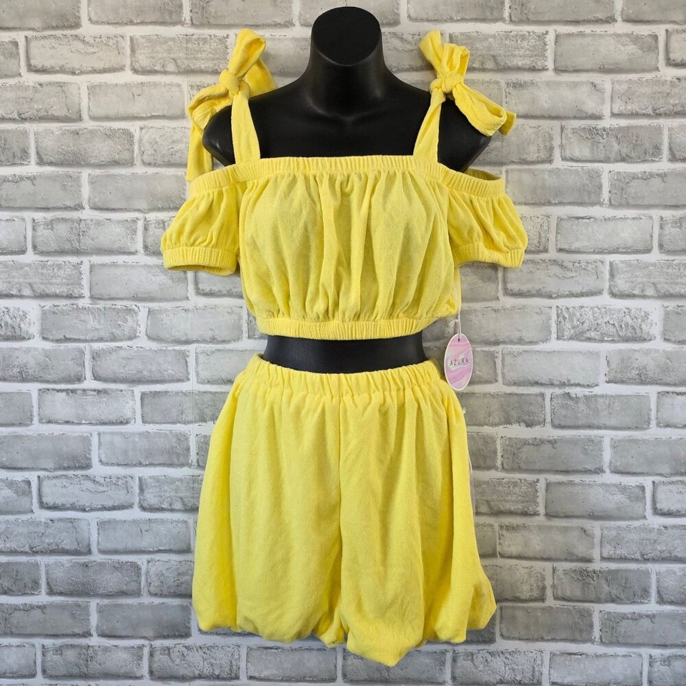 Azura Boutique Terry Cloth Crop Top Short Resort Beach Swim Cover Yellow NEW S